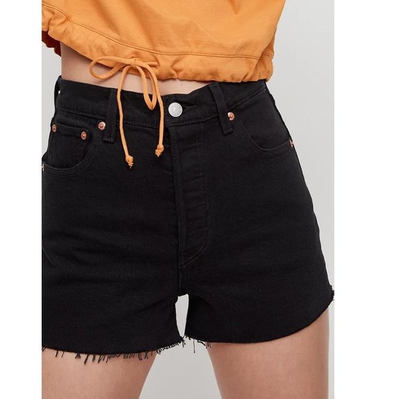 Levi's Pants - Levi's Ribcage Shorts Black Lake Night Shift Super High Rise Raw Cut off Hem 29